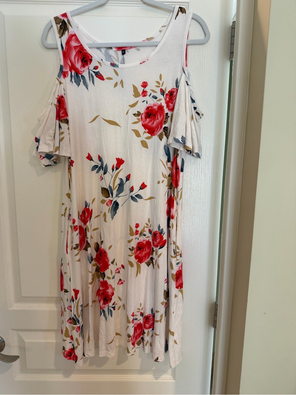 White Cold-Shoulder Floral Dress with Red Roses